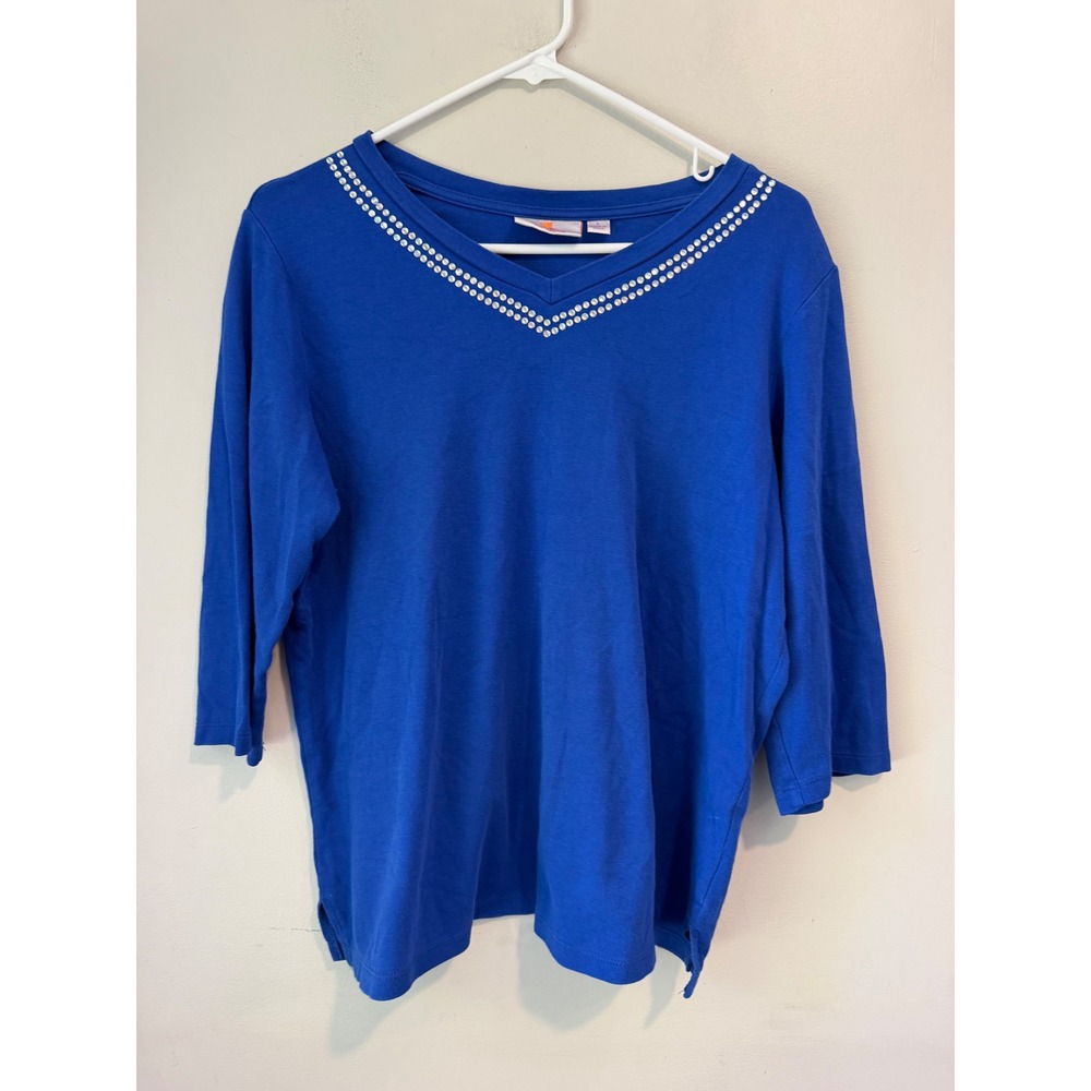 Quacker Factory Royal Blue Rhinestone V-Neck 3/4 Sleeve Cotton Top Womens L